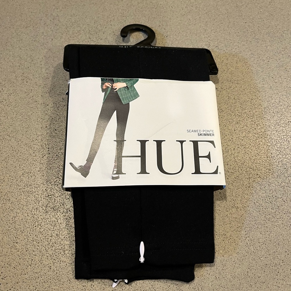 HUE ponte fabric, skimmer length legging with elastic waist and zipper cuff